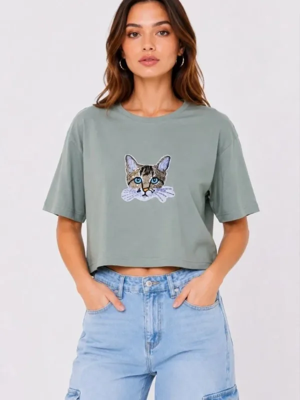 Ženska Mint Zelena Oversize Mačka Print Crop Majica 2