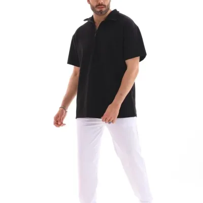 Kişi Qara Oversize Yarım Fermuarlı Düz Köynək 2