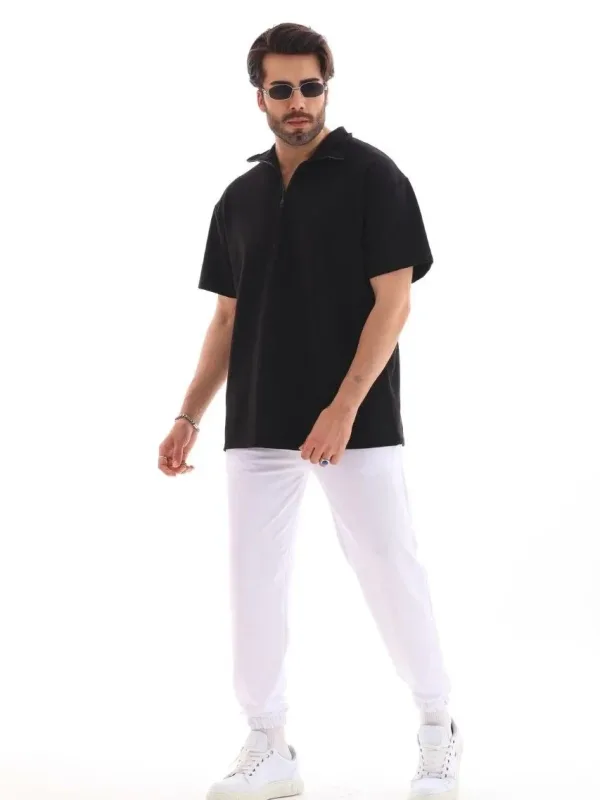 Kişi Qara Oversize Yarım Fermuarlı Düz Köynək 2