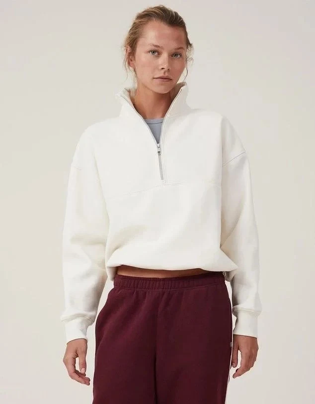 Women's White Oversize Half-Zip Cotton Basic Sweatshirt