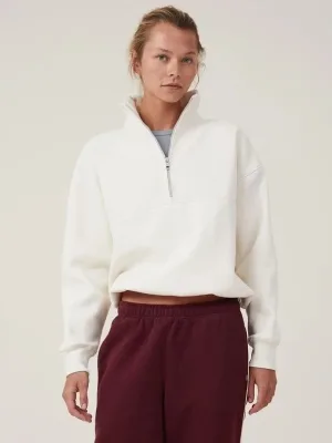 Női Fehér Oversize Félcipzáras Pamut Basic Sweatshirt