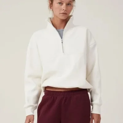 Women's White Oversize Half-Zip Cotton Basic Sweatshirt 1