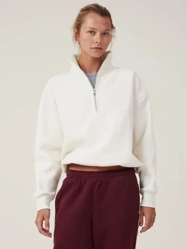 Women's White Oversize Half-Zip Cotton Basic Sweatshirt 1