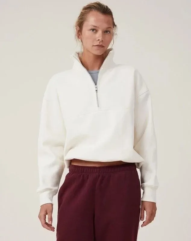 Qadın Ağ Oversize Yarım Fermuarlı Pambıq Basic Sviter