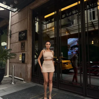 Bağcıq Detallı Krop Bluz və Etek İkili Dəst Bej 3