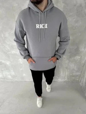 Pánský šedý oversized bavlněný sweatshirt s kapucí a potiskem, 3 nitě