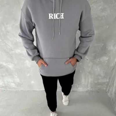 Pánský šedý oversized bavlněný sweatshirt s kapucí a potiskem, 3 nitě 1