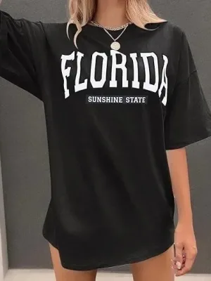 Női fekete biciklinyakas FLORIDA nyomott rövid ujjú póló