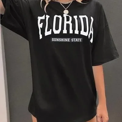 Női fekete biciklinyakas FLORIDA nyomott rövid ujjú póló 1