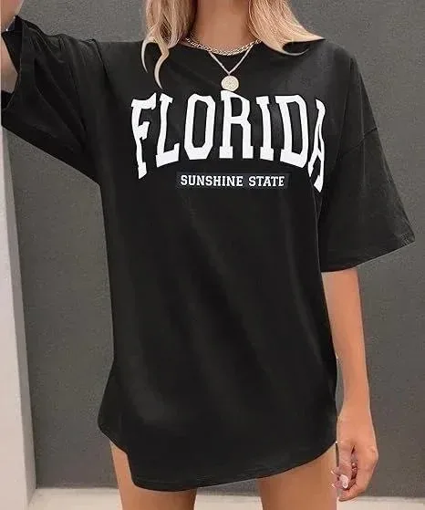 Femeie Neagră Guler Bicicletă FLORIDA Imprimat Mânecă Scurtă Tricou