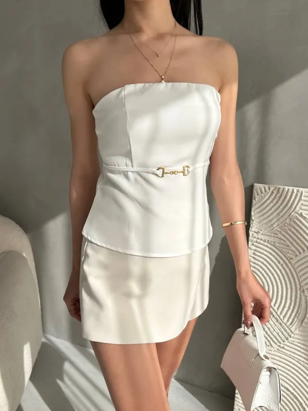 Bluzë Crepe Strapless me Detaje Kapëse në Bel të Bardhë 3