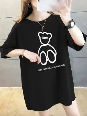 Γυναικείο Μαύρο Oversize Ποδηλατόλαιμο Τυπωμένο Πλεκτό Μπλουζάκι