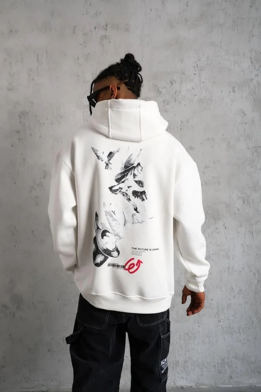 Muški bijeli oversize 3-niti pamučni s kapuljačom tiskani sweatshirt