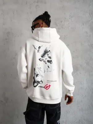 Muški bijeli oversize 3-niti pamučni s kapuljačom tiskani sweatshirt