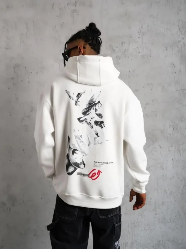 Muški bijeli oversize 3-niti pamučni s kapuljačom tiskani sweatshirt 1