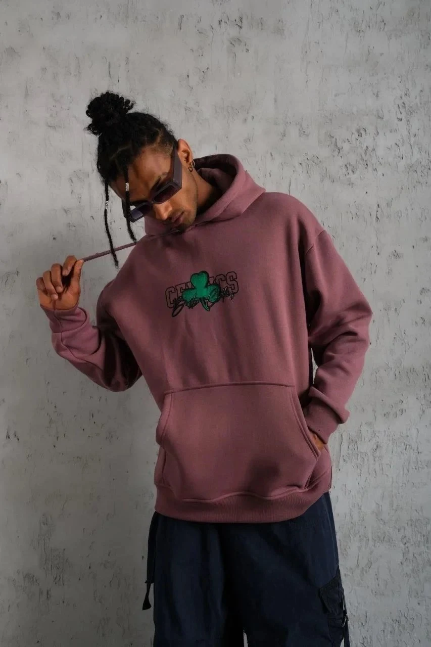 Men's Dusty Rose 3-Thread Cotton Hooded Printed Sweatshirt with Pockets
