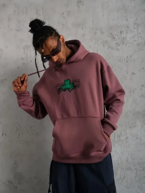 Men's Dusty Rose 3-Thread Cotton Hooded Printed Sweatshirt with Pockets 1