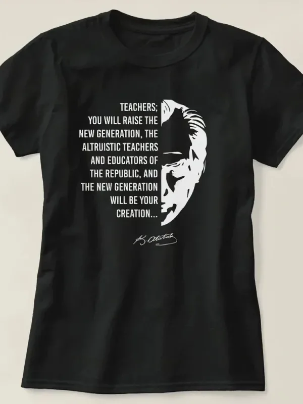 Kişi Qara Müəllimlər Günü Çap Çapraz Yaka T-shirt 2