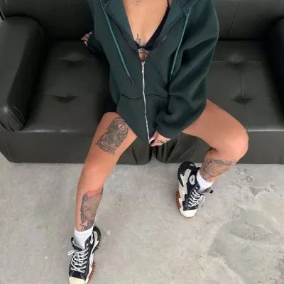 Femea Haki Oversize 3 Fire Bumbac Capușon Imprimat Sweatshirt 1