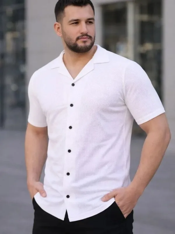 Men's White Regular Fit Waffle Fabric Buttoned Open Collar Shirt 4