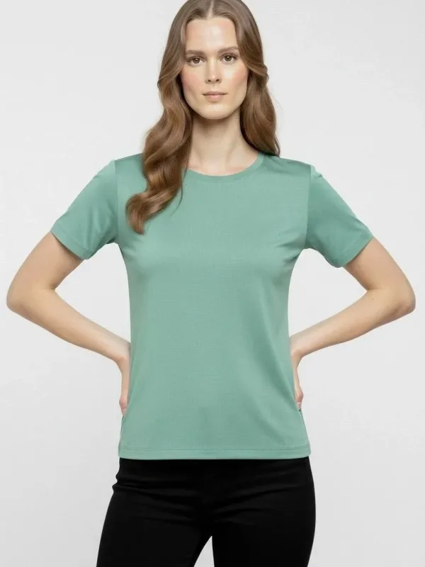 Γυναικείο Μίντι Πράσινο Slim Fit Με Λύκρα Στρογγυλή Λαιμόκοψη Βασικό T-Shirt 2