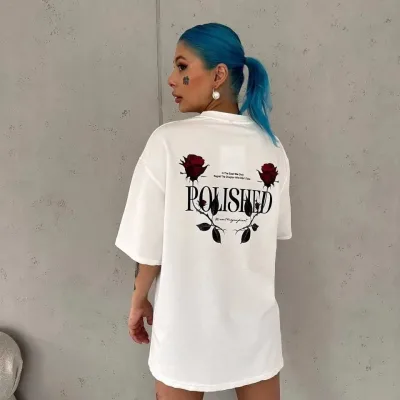 Bluzë për femra e bardhë, oversize, me jakë biçiklete, me printim, mëngë të shkurtra 2