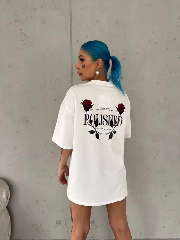 Bluzë për femra e bardhë, oversize, me jakë biçiklete, me printim, mëngë të shkurtra 2