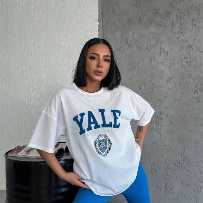 Kobiecy Biały Rowerowy Kołnierz Nadruk Oversize T-shirt