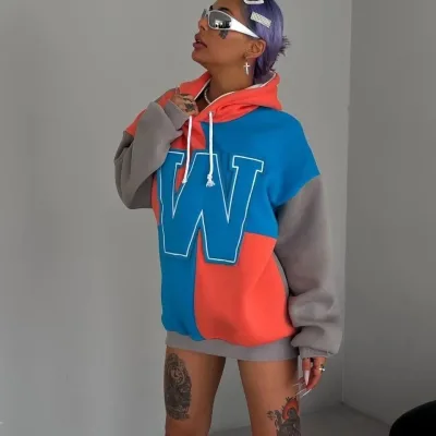 Women's Blue Embroidered Hooded 3-Thread Cotton Sweatshirt 2