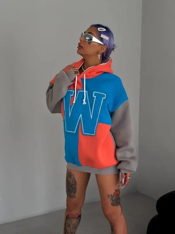 Women's Blue Embroidered Hooded 3-Thread Cotton Sweatshirt 2