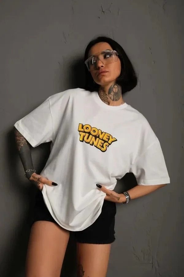 Γυναικείο Λευκό Oversize Στρογγυλό Λαιμό Τυπωμένο Κοντομάνικο Μπλουζάκι