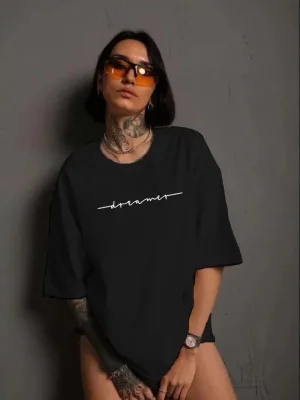 Damski czarny oversize rowerowy kołnierz z nadrukiem krótki rękaw T-shirt
