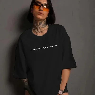 Damski czarny oversize rowerowy kołnierz z nadrukiem krótki rękaw T-shirt 1