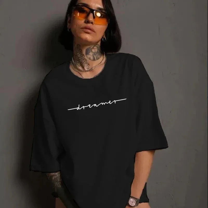 Damski czarny oversize rowerowy kołnierz z nadrukiem krótki rękaw T-shirt
