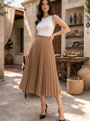 Ženska smeđa satenska plisirana midi suknja, elegantan dizajn