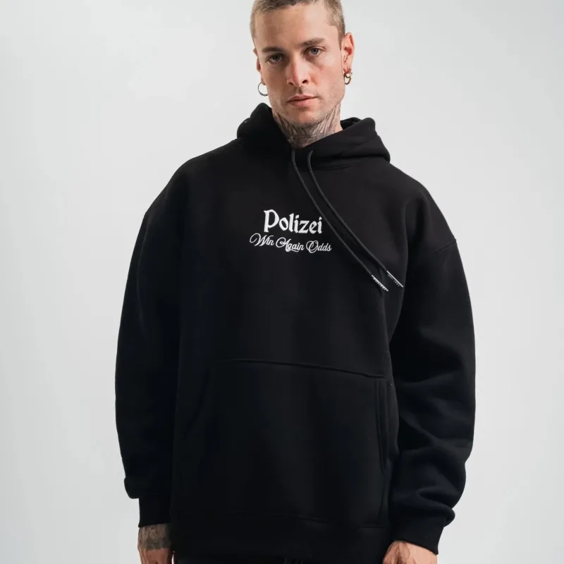 Sweatshirtê Mêran ê Reş Oversize 3 Têl Pembû Bi Kapek û Çapkirî