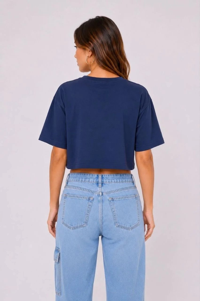 Ženska tamnoplava oversize mačka print crop majica 4