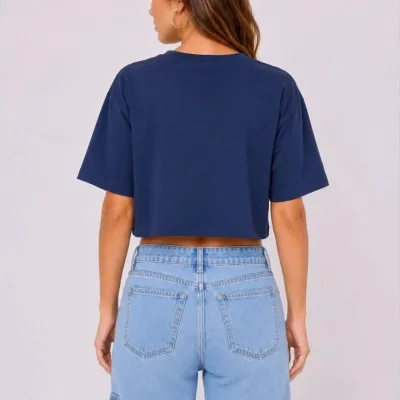 Dámské tmavě modré oversized crop tričko s potiskem kočky 4
