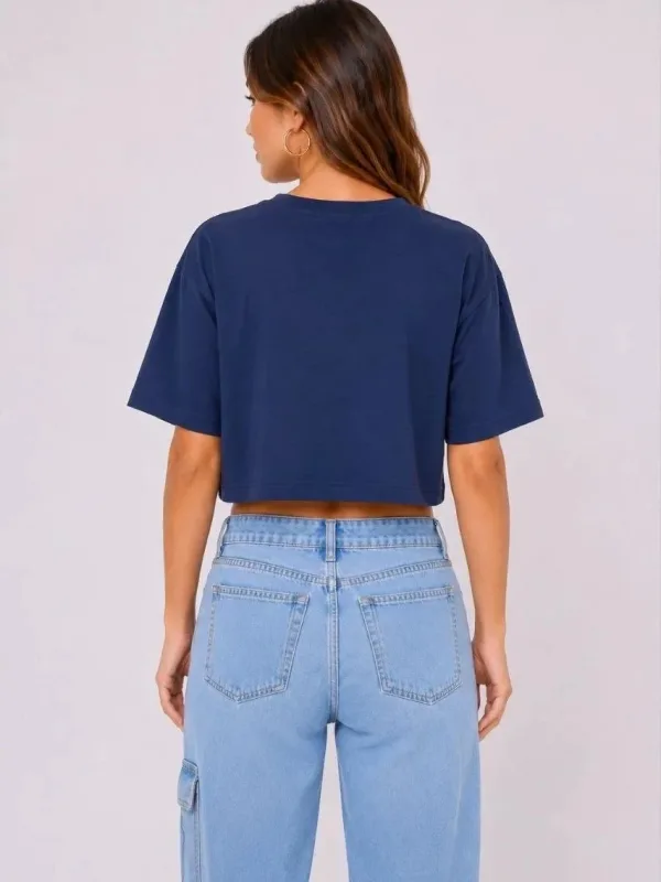 Dámské tmavě modré oversized crop tričko s potiskem kočky 4