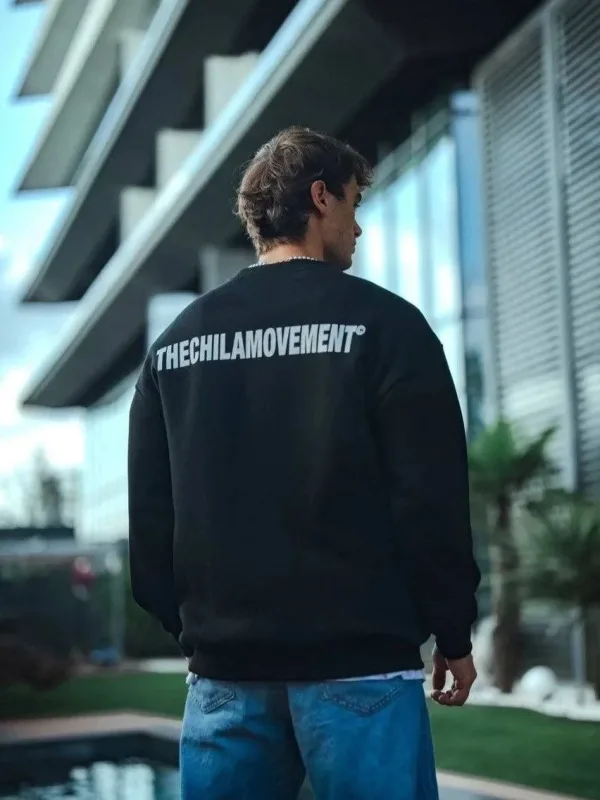 Sweatshirtê Mêran ê Reş ê Oversize ê Bi Stûyê Bisîkletê, 3 Têlên Pembo, Çapkirî 2