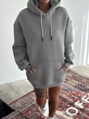 Women's Dyed Gray Oversize 3-Thread Cotton Kangaroo Pocket Hoodie