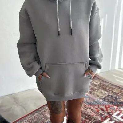 Femea Gri Vopsit Oversize 3 Firă Bumbac Buzunar Cangur Hoodie 1