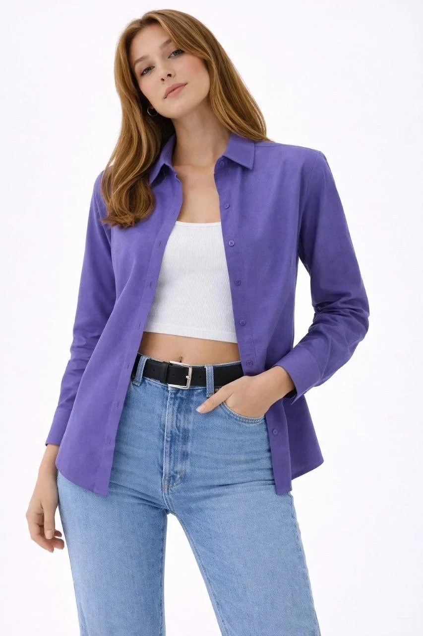 Women's Purple Classic Collar Buttoned Long Sleeve Shirt