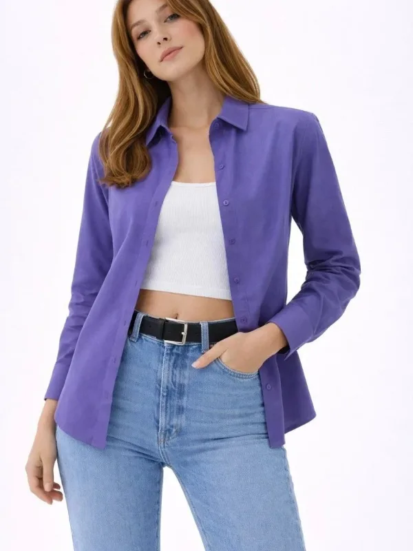 Women's Purple Classic Collar Buttoned Long Sleeve Shirt 1
