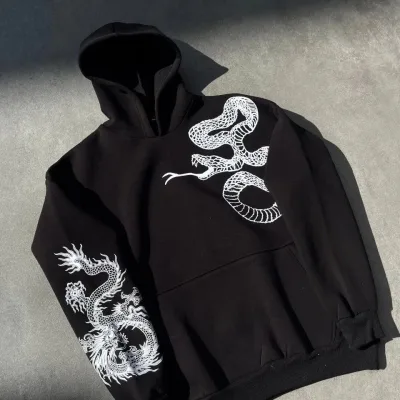 Ženska crna oversize kapuljača s džepovima s printom pamučna hoodie 3