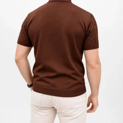 Męski Brązowy Regular Polo Krótki Rękaw Sweter 3