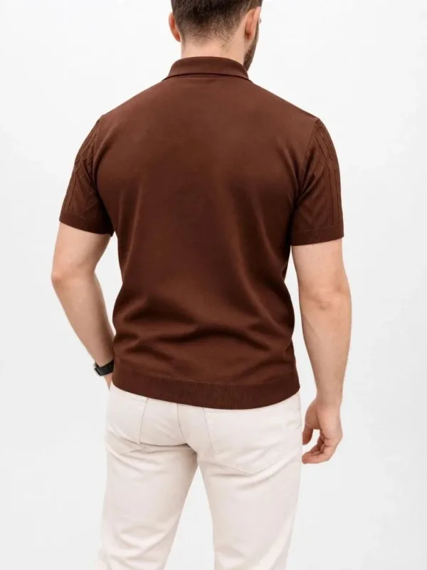 Męski Brązowy Regular Polo Krótki Rękaw Sweter 3