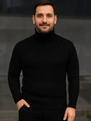 Masculin Negru Gros Canelat Complet Gat Guler Ghem Tricot Pulover