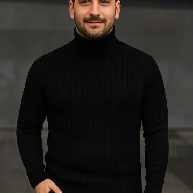 Men's Black Thick Ribbed Full Turtleneck Knit Sweater