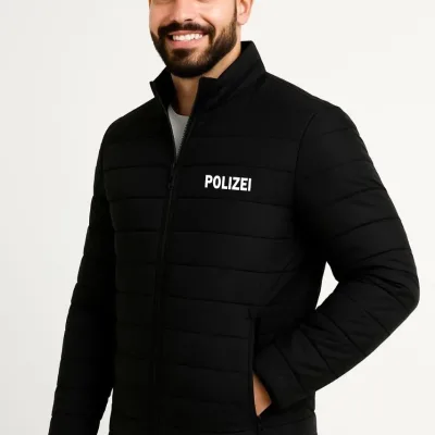 Pánska čierna vodeodolná prešívaná potlačená so zipsom bomber bunda 3